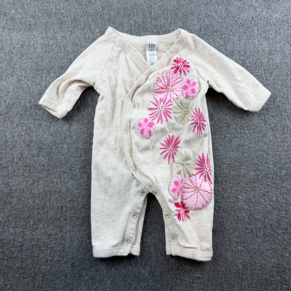 Baby GAP Romper Baby Newborn Cream Floral Embroidered Wrap Snap One Piece